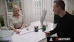 Naughty blonde Zazie Skymm pees on self then fucks coworker bent over office desk doggystyle
