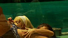 Beautiful poolside threesome devours monster cocks