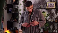 macho guy strokes hard in chastity cage unable to hold back