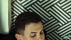 macho guy strokes hard in chastity cage unable to hold back