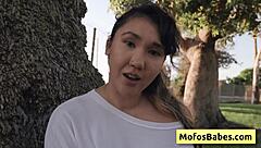 Sexy asian teen tomie tang bares natural big tits to friend outdoors