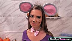 Pounding Stepsis Shaved Pussy in Tight Halloween Outfit Hard