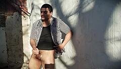 Muscular bodybuilder strokes monster cock outdoors in sexy jerkoff