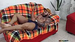 Naughty lingerie maid catches boss stroking huge cock and sucks eagerly