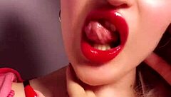 golddigger in red lip gloss glasses gives perfect lipstick fetish findom jerk off instructions for cash