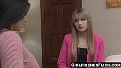 Thick brunette cougar seduces petite blonde milf for wet pussy licking and scissoring