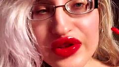 golddigger in red lip gloss glasses gives perfect lipstick fetish findom jerk off instructions for cash