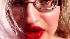 golddigger in red lip gloss glasses gives perfect lipstick fetish findom jerk off instructions for cash