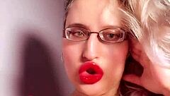 golddigger in red lip gloss glasses gives perfect lipstick fetish findom jerk off instructions for cash