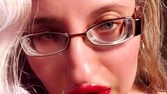 golddigger in red lip gloss glasses gives perfect lipstick fetish findom jerk off instructions for cash