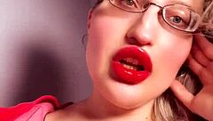 golddigger in red lip gloss glasses gives perfect lipstick fetish findom jerk off instructions for cash