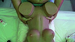 Brazilian stud rams huge cock through curvy sex doll's tight underwear fabric.