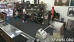 Horny Couple Fucks Hard in Shop with Sloppy Blowjob and Ball Licking