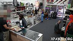 Horny Couple Fucks Hard in Shop with Sloppy Blowjob and Ball Licking