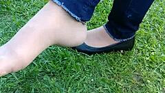 Tan Nylons Dip In Flats For Shoeplay Tease