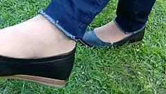 Tan Nylons Dip In Flats For Shoeplay Tease