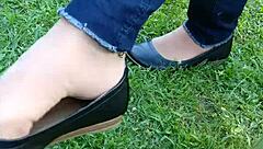 Tan Nylons Dip In Flats For Shoeplay Tease