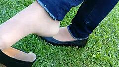 Tan Nylons Dip In Flats For Shoeplay Tease