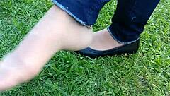 Tan Nylons Dip In Flats For Shoeplay Tease