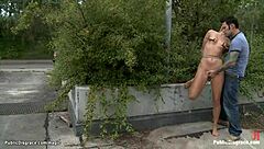 leather bound slut takes public cock pounding