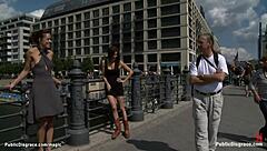 leather bound slut takes public cock pounding