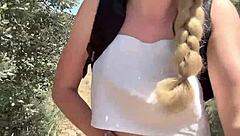 Narrative of cute girl stripping naked in jungle for natural body reveal