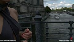 leather bound slut takes public cock pounding