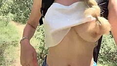 Narrative of cute girl stripping naked in jungle for natural body reveal