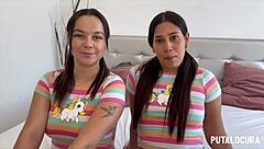 Torbe lines up two sexy colombian babes Melisa tetona and Natalie for a wild bedroom threesome swallowing his load.