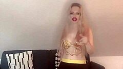 Goddess in glasses dances her huge belly while dominating with blowjob fetish tune