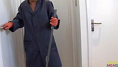 Cleaning Lady in Stockings Sucks Cock Deep Then Rides It Bent Over