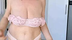 mature milf strips lingerie teases big tits toys shaved pussy closeup 😏
