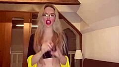 Goddess in glasses dances her huge belly while dominating with blowjob fetish tune
