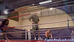 lesbian wrestlers slam and dildofuck pussies in the ring