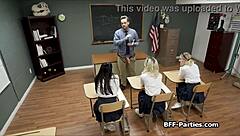 classroom foursome rocks with teacher's fat monster cock and horny coeds