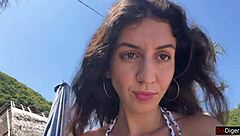 Brunette hottie deepthroats my cock on public beach then cumwalks with facial dripping everywhere