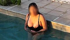 beautiful stepmom flashes her huge tits at pool craves cock in public