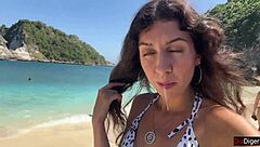 Brunette hottie deepthroats my cock on public beach then cumwalks with facial dripping everywhere