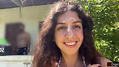 Brunette hottie deepthroats my cock on public beach then cumwalks with facial dripping everywhere