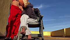 Wife sucks neighbor's cock deep on balcony terrace and swallows every drop