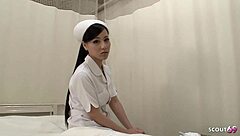 skinny japanese nurse chats then sucks older patient's cock before creampie fuck in hospital