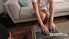 Blonde teacher wife multitasks. Husband free uses her pussy while working