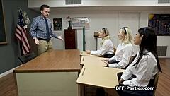 classroom foursome rocks with teacher's fat monster cock and horny coeds