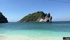 Brunette hottie deepthroats my cock on public beach then cumwalks with facial dripping everywhere