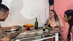 petite brunette slut toys her pussy with big dildo for interracial fun