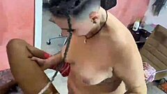 petite brunette slut toys her pussy with big dildo for interracial fun