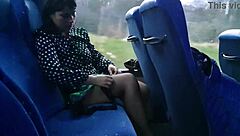 Curvy milf lifts skirt on bus, tempts stranger with juicy pussy peek.