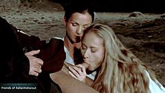 Stunning blonde and brunette sluts share huge cock in outdoor threesome frenzy.