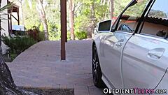 dominant milf locks teen in cage then bangs her roughly with strapon