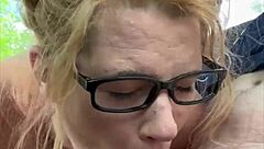 streetwalker slut with glasses deepthroats cock, swallows cum after mouth creampie